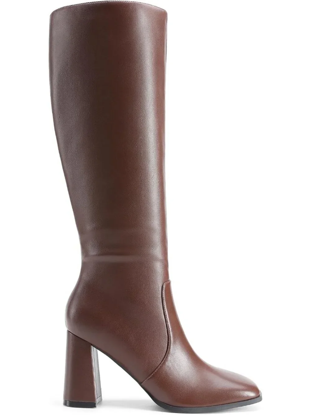 Women's Brown Chunky Block Heeled Square Toe Side Zipper Knee High Boots